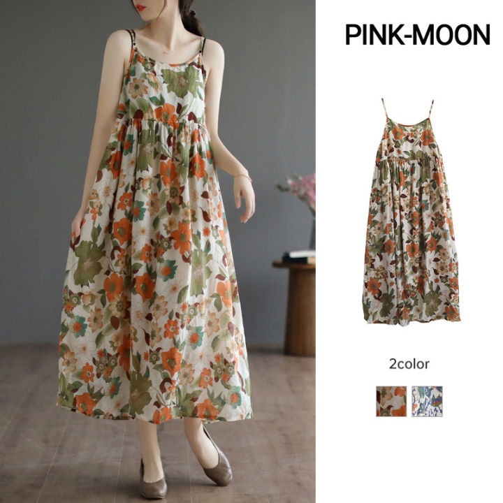PM✿ Summer loose floral suspender dress women retro vacation mid-length dress