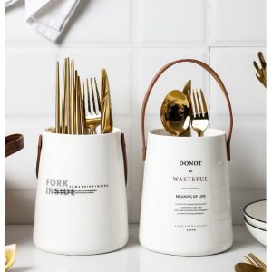 Ống đựng muỗng đũa bằng sứ có tay cầm bằng da cao cấp dùng decor phụ kiện chụp ảnh món ăn nhà bếp