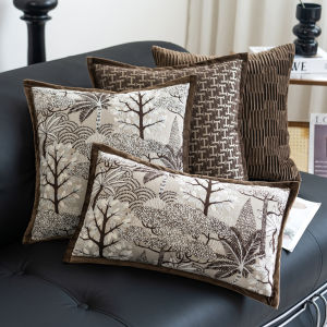 30x50cm/45x45cm Vintage Brown Jacquard Cushion Cover Velvet Trim Palm Tree Geometric Pleated Decorative Throw Pillow Cover for Sofa Home Decor