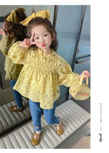 Setelan Kuning Anak Perempuan Motif Bunga + Celana Panjang Motif Bunga