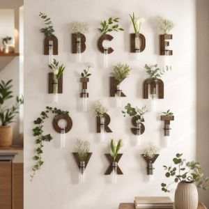 YRUQYS A-Z Alphabet Hydroponic Planter Shelf Home Ornaments Wooden Wall Decoration Water Plant Tube Stand Hollow Out Planter Holder Garden Wall Decor