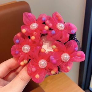 JPTD Mesh Flower Hair Net Rainbow Pearl Children Bun Net Cute Beads Ballet Bun Snood Ballet Dance