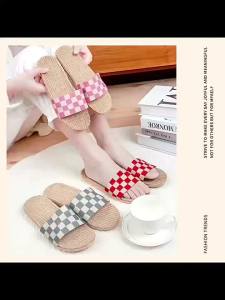 WomenS And CoupleS Linen Slippers For All Seasons Indoor Eva Slippers With Striped Design And Height Increase Feature For Home Use