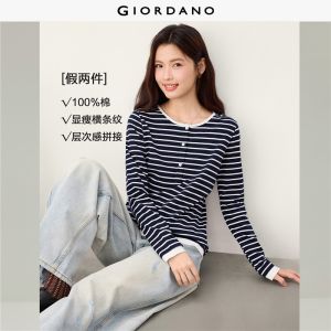 Giordano Women Fake two-piece striped long sleeve cotton tee Free Shipping 05326801