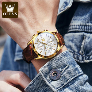 OLEVS Luxury Watch Men Original 2021 Waterproof Fashion Leather Quartz Watch Multifunctional Luminous Date Chronograph Rose Phnom Penh Dial