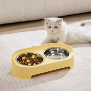Meilovmao Pet Double Bowl Stainless Steel 2 in 1 Cat Food Dog Water Dish Large Neck Protection Feeding Mangkuk Anjing