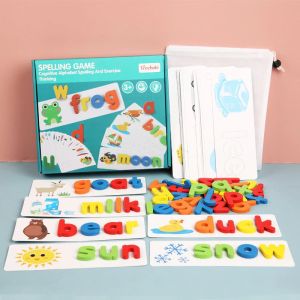 Wooden Alphabet Spelling Games Montessori Toys Kids English Phonics Cards Wooden Puzzle Flash Card