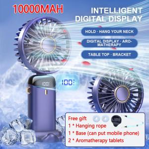 Electric Fan Portable 10000mAH Mini Fan Rechargeable Hand-held 5-Speed fan Portable Electric Fan Foldable Table fan with Aromatherapy (Can Hang Neck)