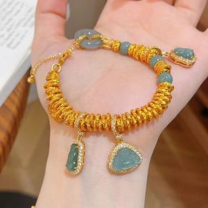 New Chinese Style Retro Gold Wrapped Jade Green Gourd Safety Buckle Bracelet for Womens Niche High-end Chinese Style Gift新中式复古金色盘缠翡绿色葫芦平安扣手链女小众高级国风送礼物