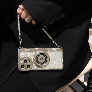 For iphone 17 Pro Max 16 Pro15 Plus iphone 14 Pro Max iphone 13 pro / 12 iphone 11 Case Glitter Diamond Bling Vintage style Camera design Pattern with Sling Veinstone Casing Chain Wristband Strap Ribbon Protect Hinge Shock Resistant Lanyard Slim Thin