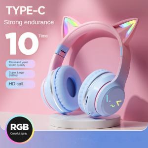 Cats Ears Headset RGB Light Smile Face TWS Headset Gradient New Headphone Pink Little Girl Earphone