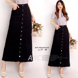 Rok Panjang Gamis Jeans Wanita - Skirt Long Button Geraldyn WB - Rok Jeans Rumbai Panjang