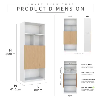 KitchenZ AMINA series 2.6FT x 6.5FT Tall Home/Office Cabinet Soft Close Doors/Open Shelves Storage Kabinet Pejabat - M1801M1802M1803