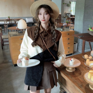 Kemeja Lengan Panjang Wanita Jaket Gaya Korea Perca Warna Kontras Atasan Uniseks Retro