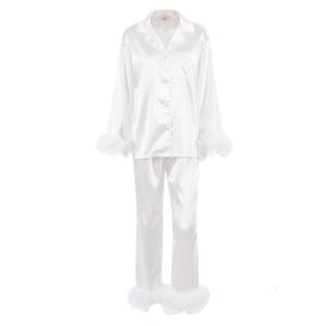 Womens Silk Satin Pajamas Loungewear Two-piece Sleepwear Feathers Pajamas Button-Down Pj Set