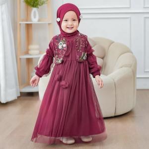 Jelita Kids Dress Set Hijab / Gamis Anak Perempuan Usia 4-8 Tahun Bahan Satin Velvet Mix Brukat Tile Garden / Gamis Anak Model Terbaru / Dress Lebaran Anak Viral Lucu 2025 / Dress Pesta Anak Mewah