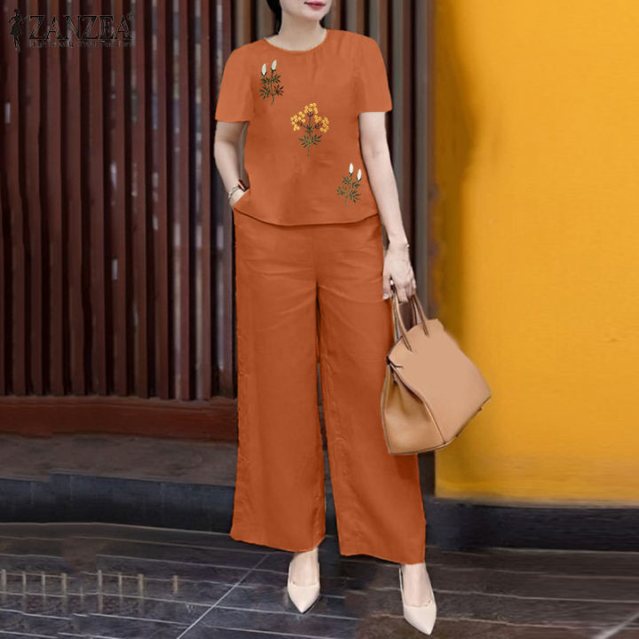 ZANZEA Women's 2PCS Suits Casual Embroidery Short Sleeve Blouses Top  Elastic Waist Side Pockets Wide Leg Pants Sets #7 Lazada PH