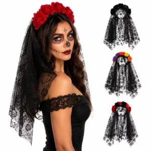 XIAHU Gothic Flower Headband Mesh Material Simulation Flowers Rose Crown Festive Black Lace Veil Floral Crown Halloween Party