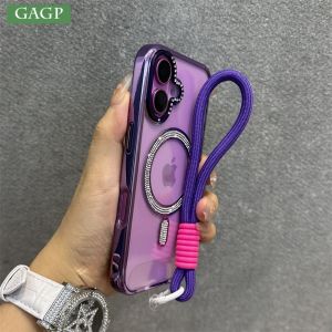 Fasion Diamond Camera Bling for Magsafe Case for iPhone 15 16 Pro Max 16Pro 16 Plus Transparent Acrylic Wrist Strap PC Cover