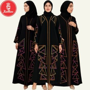 Abaya Hitam Jet Black Gamis Lebaran Mewah Elegan Simple Abaya Dubai Bordir Triangle Bahan Tebal Adem Motif Cantik untuk Muslim Wanita - XELLEA