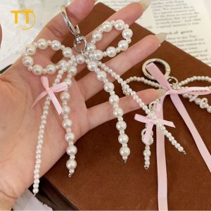 Tri-Town Luxury Pearl Bowknot Bead Keychain Phone Charm Lanyard Pendant Universal Mobile Phone Accessories