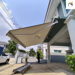 (ส่งฟรี) Shadekit กันสาด กันสาดพับเก็บได้ มือหมุน รุ่น STANDARD ขนาด 3x2.5 เมตร ขาหนาพิเศษ โครงอบขาว (Powder Coated) ผ้าโพลีเอสเตอร์ กันน้ำ กัน UV