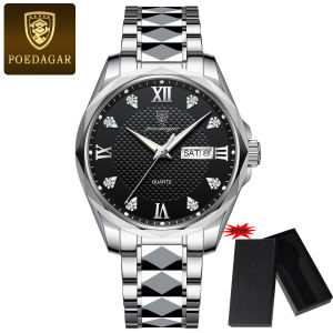 【With Box】POEDAGAR Brand Original Watches Fashion Mens Watches Luxury Brand Male Business Casual Luminous Calendar Stainless Steel Strap Quartz Waterproof Watches Clock Gifts 998G
