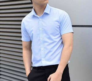 [Loại đẹp- VNXK] Áo sơ mi nam ngắn tay body vải cotton lụa trơn mát chống nhăn hot năm nay dáng trẻ trung
