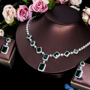 SEQUITO Fashion Brides Jewelry Set Paved Setting Princess Cut AAA Cubic Zirconia White Gold Plated Rectangle Pendant Necklace Earrings for Engagement Party SJ279