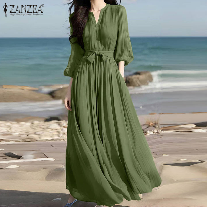 ZANZEA Korean Style Women Holiday Solid Color V-Neck 3/4 Sleeve Dresses  A-Line Maxi Dress #0602
