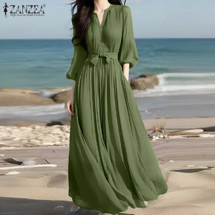Lazada Beach Maxi Dress With Sleeves ZANZEA Korean Style Women Holiday Solid Color V-Neck 3/4 Sleeve Lazada Beach Maxi Dress With Sleeves ZANZEA Korean Style Women Holiday Solid Color V-Neck 3/4 Sleeve