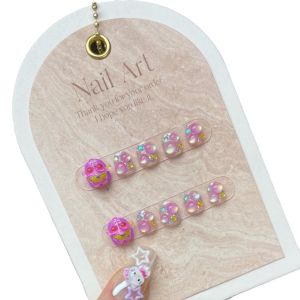 100% HANDMADE Artificial Childrens Nail Cute Patrick Star Pink Bubbles Cartoon Short Style Phototpy Nails Boys Girls Fashion Reusable and Removable Nails