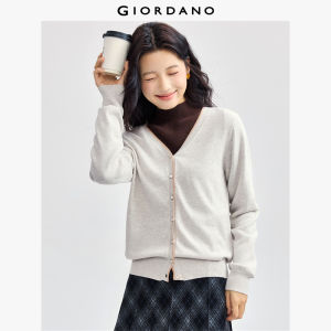 GIORDANO Women Cardigans Contrasting V-Neck Soft Cardigans 100% Cotton Button Closure Simple Fashion Casual Cardigans 18354004