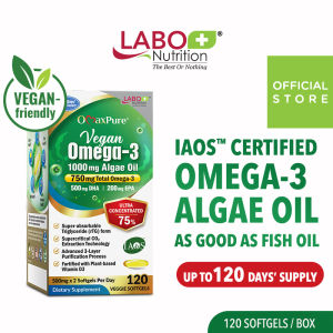 LABO Nutrition OmaxPure Vegan Omega 3 - 1000mg Algae Oil Plant-based Omega3 DHA EPA - Odourless Fish Oil Alternative for Heart Brain Eye Joint Health Support Lipid Profile • Supplement for Vegetarians • Made in Japan • 120 veggie softgels