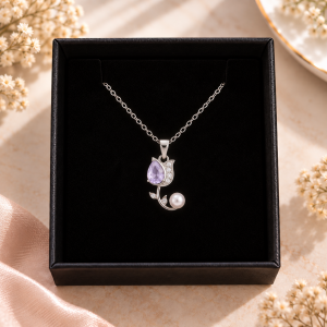 [Buy 2 Free 1] Women Titanium Steel Chain Necklace with Alloy Pendant & Gift Box Cute Cat Heart Crown Flower Whale Moon Crystal Pendant Tarnish Resistant Lightweight Elegant Fashion Jewellery Birthday Valentine Gift for Her