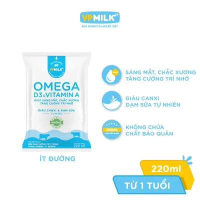 [HỎA TỐC TẠI HCM] Sữa Dinh Dưỡng Tiệt Trùng VPMilk Omega Ít Đường (thùng 48 bịch 220ml)