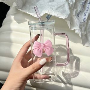 MILDPETAL With Lids Matcha Glass High Temperature Resistant Capacity Glass Straw Cups Stylish Bow Cups for Home Use