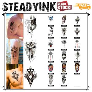 [𝚂𝚝𝚎𝚊𝚍𝚢𝙸𝙽𝙺] Tattoo Sticker 17 pcs Set Temporary Tattoo Sticker For Adults and Kids / Geometric Wolf Owl /Mermaid /Lotus Wording /Skull /Spider /Tiger