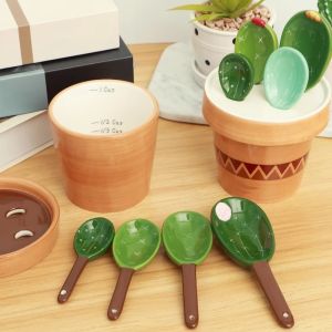 BAGUO(霸果) Cactus Shape Measuring Spoons Set Space Saving Ceramic Baking Spoons Cute with Base Flower Pot Spoon Kitchen Tool