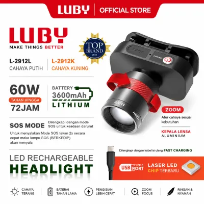 LUBY Senter Kepala Headlamp Zoom Putar Cahaya Terang Maksimal 60W Tahan Hingga 72 Jam 3600mAh Lithium Rechargeable L-2912