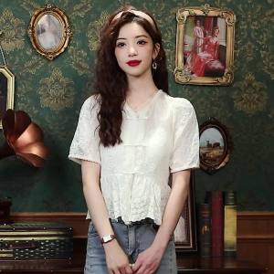 Ammin เสื้อเบลาส์แขนสั้นคอวีสำหรับผู้หญิงเสื้อเบลาส์หรูหราแบบสั้นสำหรับฤดูร้อน2024