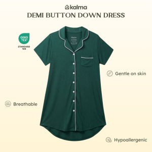 Kalma Bamboo Sleepwear for Women | Short Sleeve Button-Down Dress (PINE) | Demi Collection