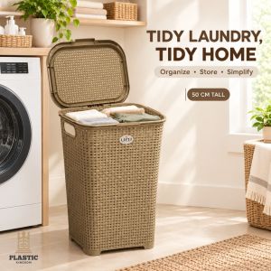 Laundry Hamper With Lid Woven Plastic Basket Clothes Storage Organizer With Handles For Home Bedroom Laundry Room