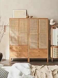Rattan Solid Wood Wardrobe Simple Two Door Storage Cabinet Small Household Coat Storage Cabinet