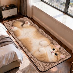 W5YR Faux Lamb Wool Cat Print Runner Carpet Non Slip Multiple Sizes Visual Illusion Floor Mat Cute Skin Friendly Kitten Bedside Rug Bedroom