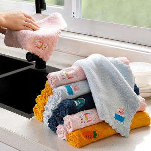 10Pcs Household Coral Velvet Embroidered Cloth towel Kitchen Absorbent Lint Oil-Free Dish Can Be Hung Cloth