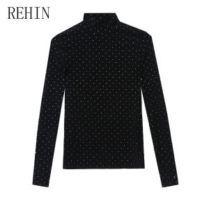 REHIN High-Neck Rhinestone Long-Sleeve T-Shirt – Slim Fit Plaid Jacquard Chic New Autumn Collection Elegant Womens Top