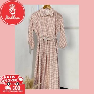 Gamis Wanita Panjang Karet Zipper Motif Kotak Babydoll Gamis Kerah Monalisa Nyaman dipakai - XELLEA