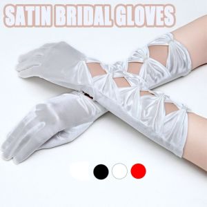 EIJINGY ผ้าซาตินซาติน ถุงมือยาวของเจ้าสาว เกาหลีแบบเกาหลี สง่างามเรียบหรู ถุงมือคอสเพลย์ผู้หญิง โรแมนติกโรแมนติก โบว์น๊อต ถุงมือเต็มนิ้ว อุปกรณ์เสริมในการแต่งตัว