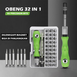 Obeng Set 32 In 1 Magnet Set Reparasi Servis Hp Ponsel/ Jam Tangan / Laptop Komputer Lengkap 32 Tool Set - Obeng Set 32 In 1 Kotak Transparan Multi Screwdriver Gagang Hijau Obeng Elektronik